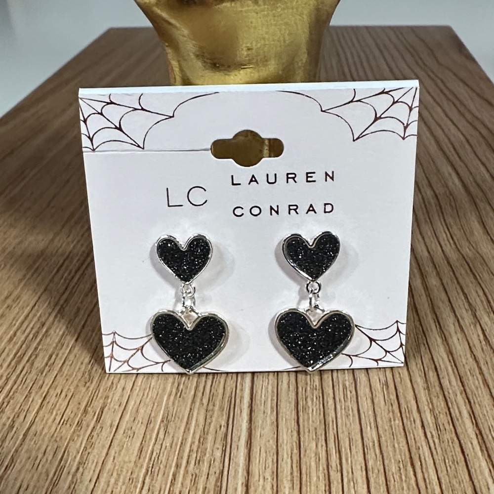 LC Lauren Conrad Black Glitter Heart Dangle Earrings